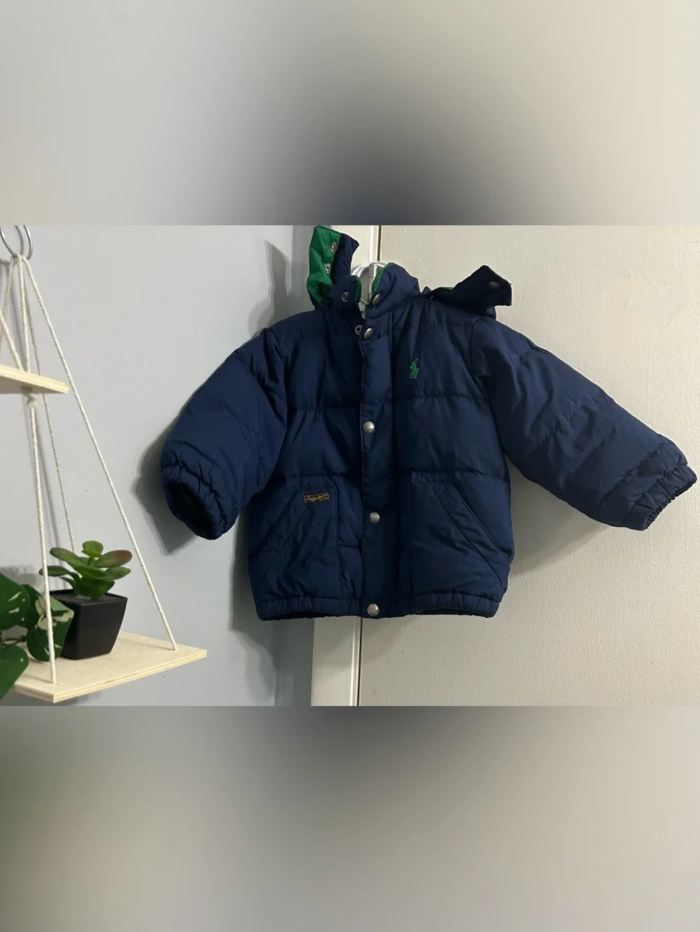 Polo by Ralph Lauren Navy Puffer Jacket with Green Hood Lining- Size 3T